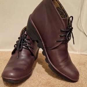 Fly London Leather Lace-Up Ankle Wedge Booties EU 39 US 8,5